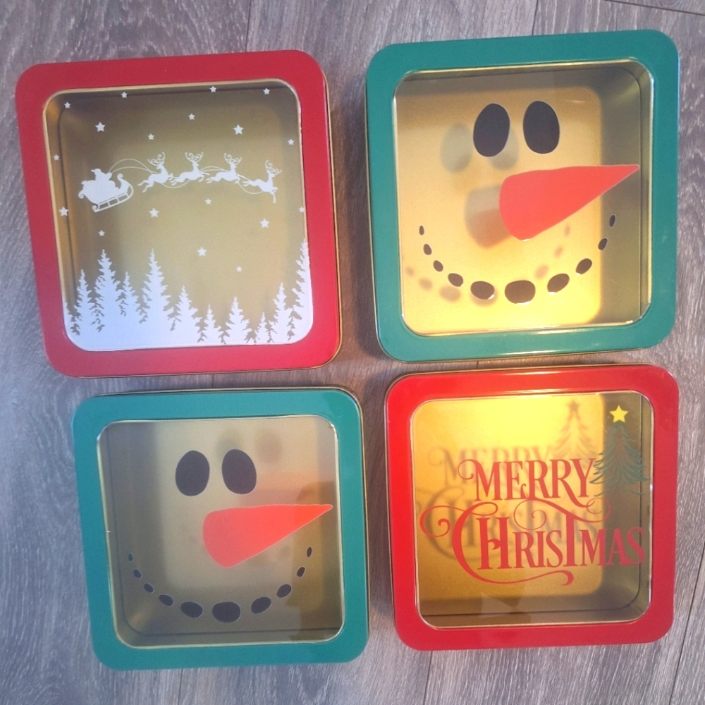 Christmas Holiday Tin Treat containers - Square with viewing window - New - 4pk